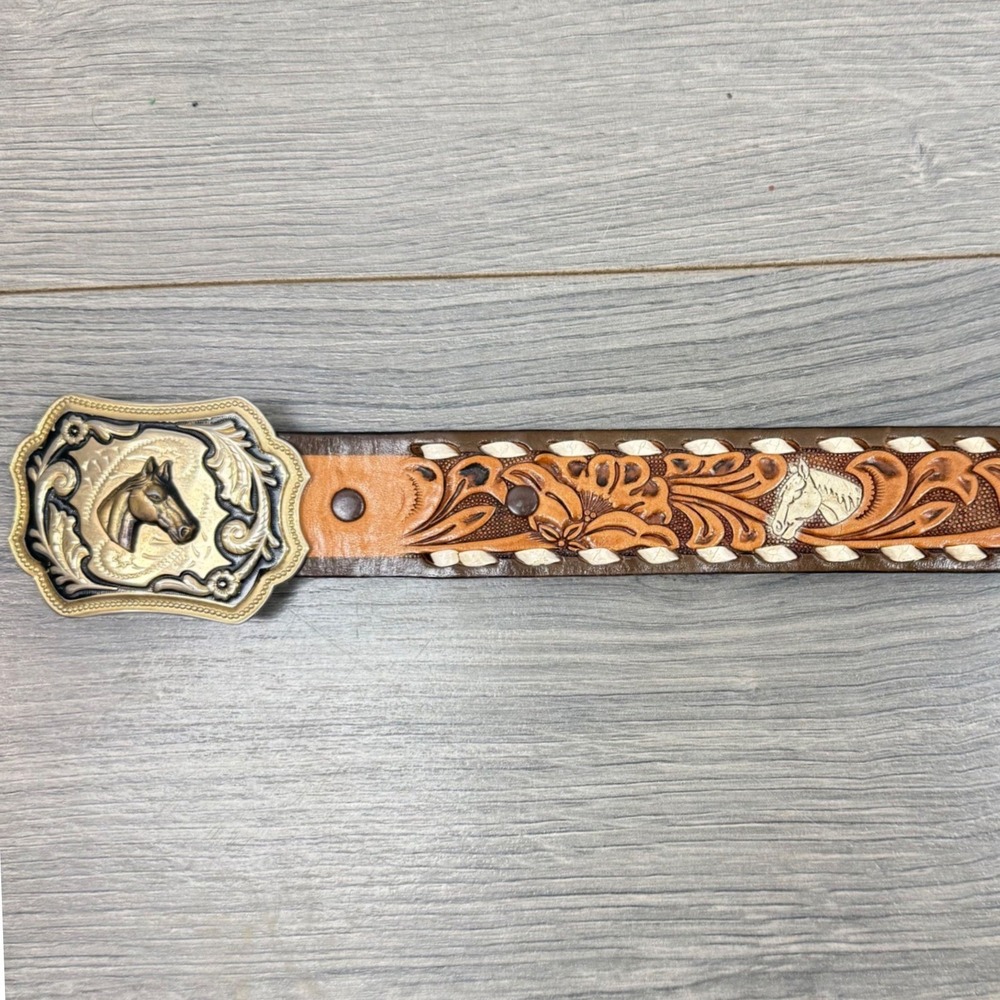 Kids Western Tooled Leather Belt Horse Head Buckle Stallions 154 Size‎ 30 Gold